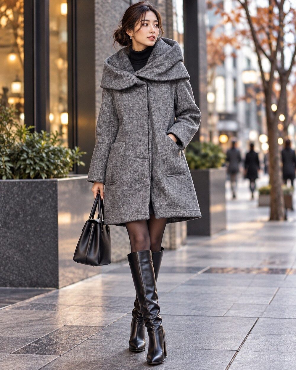 Dark Academia Arrow Herringbone A-Line Coat Hooded Collar M